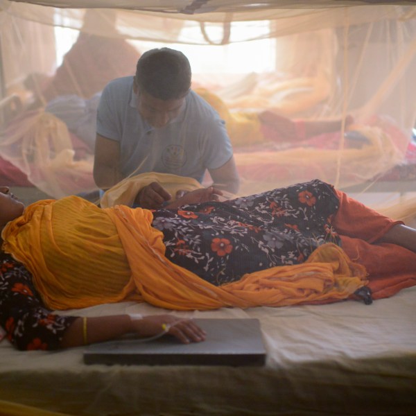 A man attends to his wife who is being treated for dengue at Mugda Medical College and Hospital in Dhaka, Bangladesh, Thursday, Aug. 10, 2023. (AP Photo/Mahmud Hossain Opu)