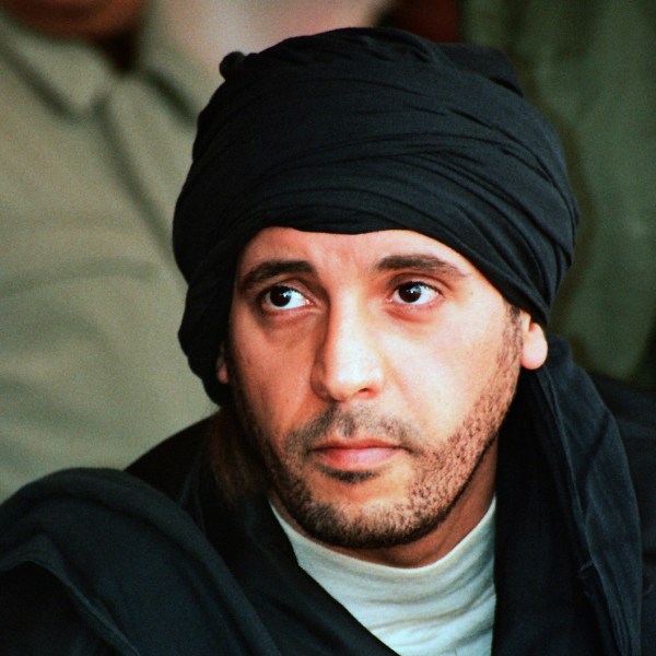 FILE - Hannibal Gadhafi, son of ousted Libyan leader Moammar Gadhafi, watches an elite military unit exercise in Zlitan, Libya, Sept. 25, 2011. Libya's judicial authorities have formally asked Lebanon's prosecutor general to help in the release of Hannibal Gadhafi, who was held in Lebanon since 2015 because of his deteriorating health conditions, judicial officials said Monday, Aug 14, 2023. (AP Photo/Abdel Magid al-Fergany, File)